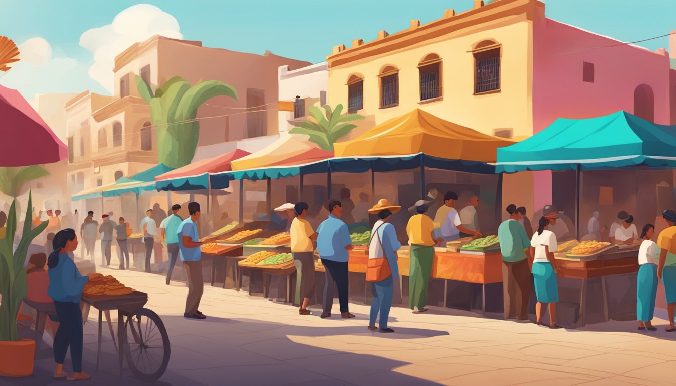 A bustling Mexican pueblo market with colorful taco stands and locals enjoying the traditional street food