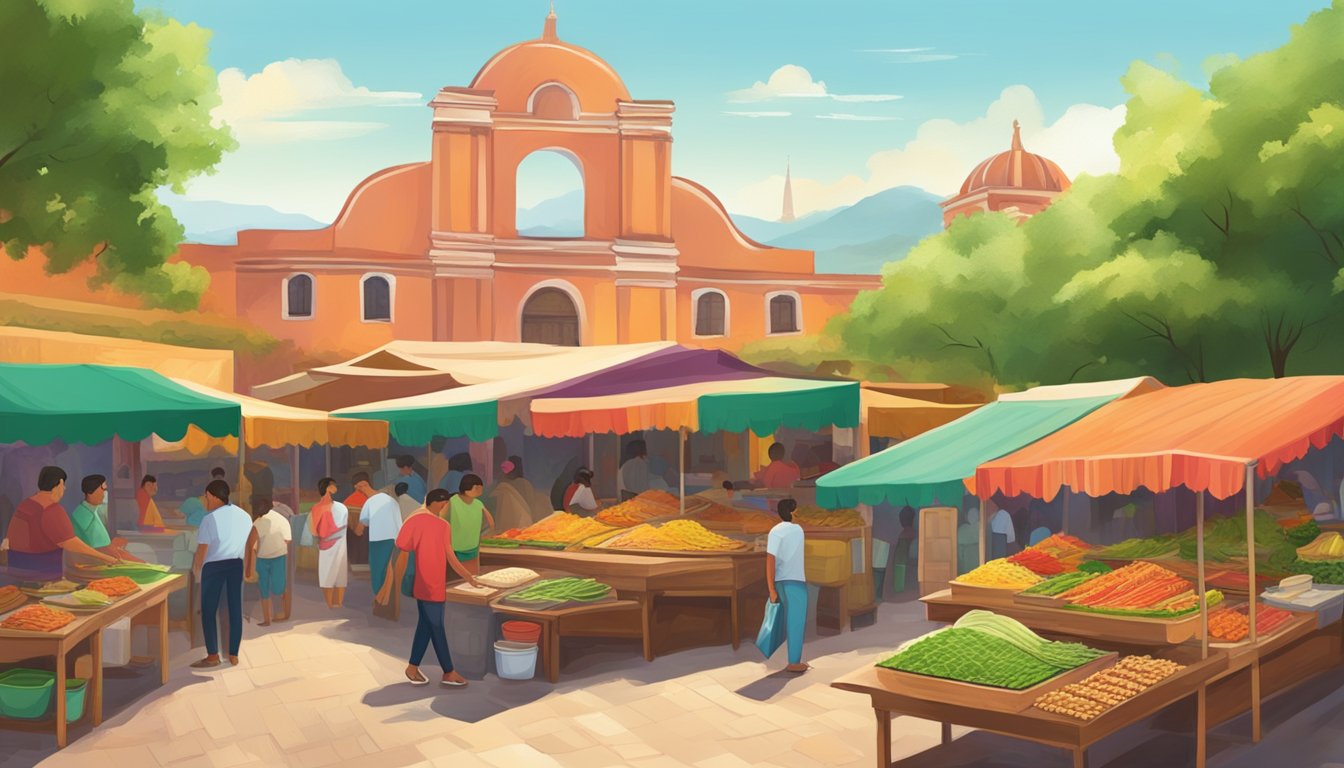 Vibrant market scene with colorful stalls selling the best tacos in Mexico's lake regions. Lush greenery and traditional architecture in the background