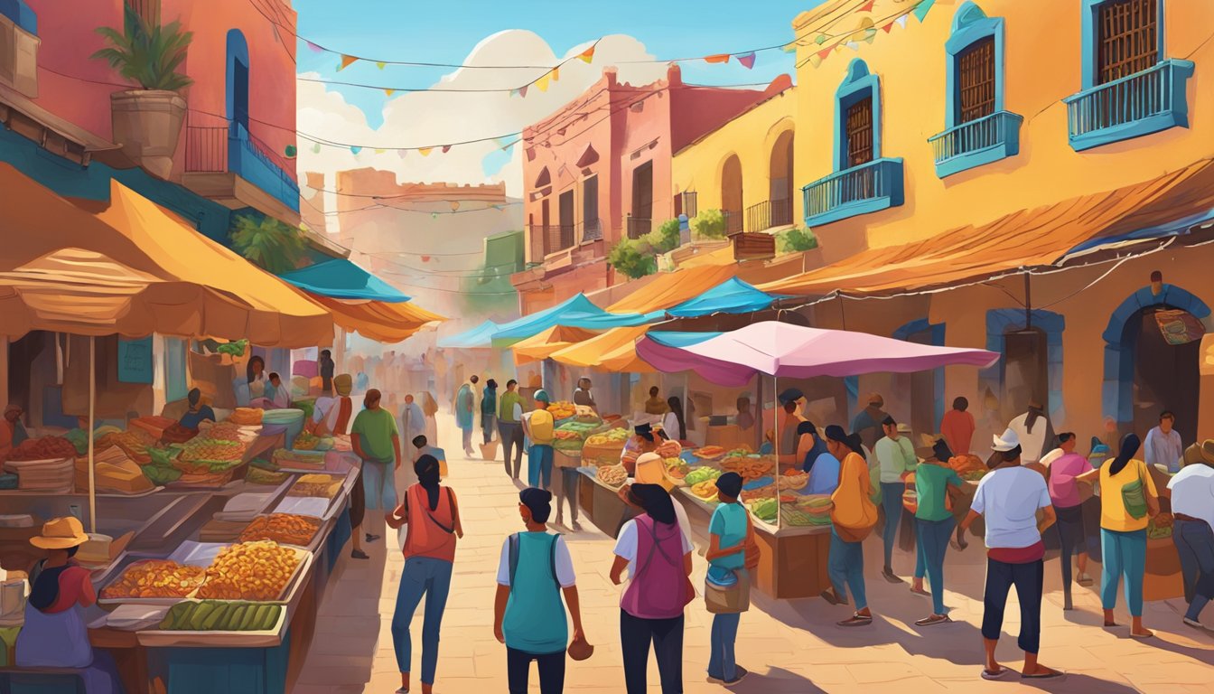 A bustling pueblo market with colorful stalls selling tacos, surrounded by traditional Mexican architecture and vibrant street art