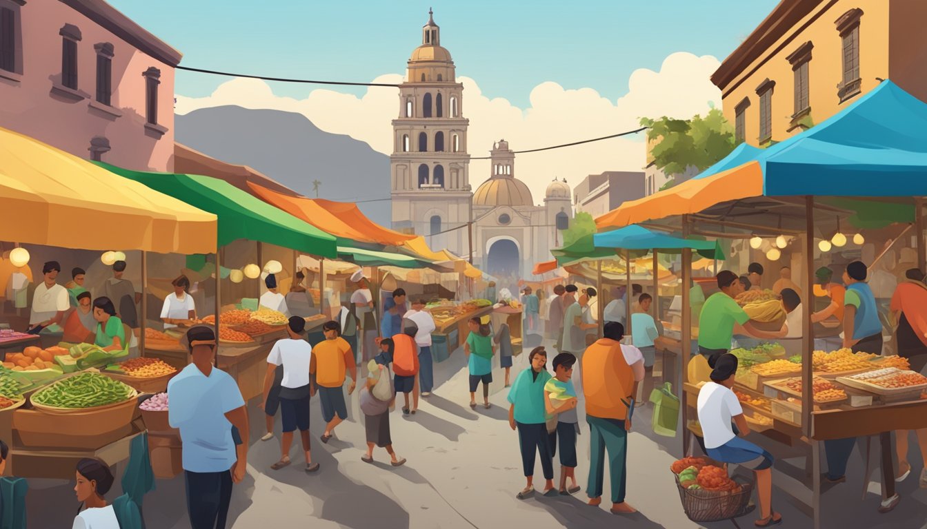 A bustling street market in a Mexican city, with colorful food stalls and vendors selling a variety of tacos. The historic architecture of the city can be seen in the background