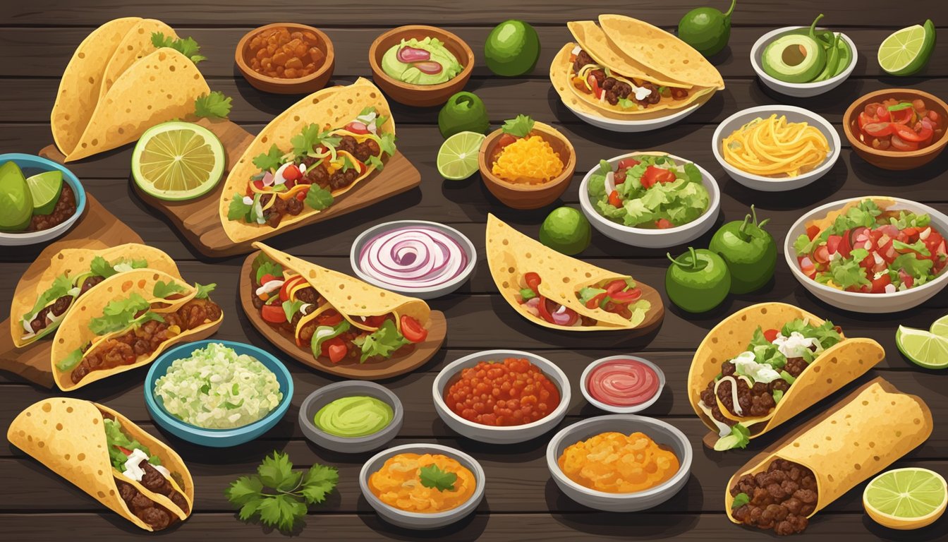 A colorful spread of regional taco varieties from Mexican pueblos, with a variety of fillings and toppings displayed on a rustic wooden table