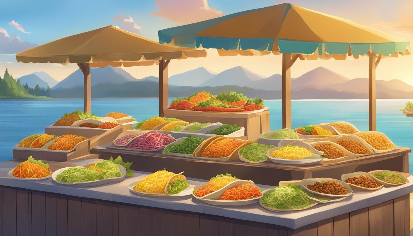 A colorful market stall displays a variety of tacos with fresh ingredients, set against the backdrop of a serene lake region