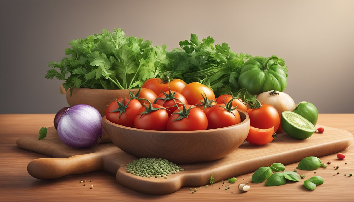 A colorful array of fresh ingredients including tomatoes, onions, cilantro, and various spices laid out on a wooden cutting board, with a mortar and pestle nearby for preparation