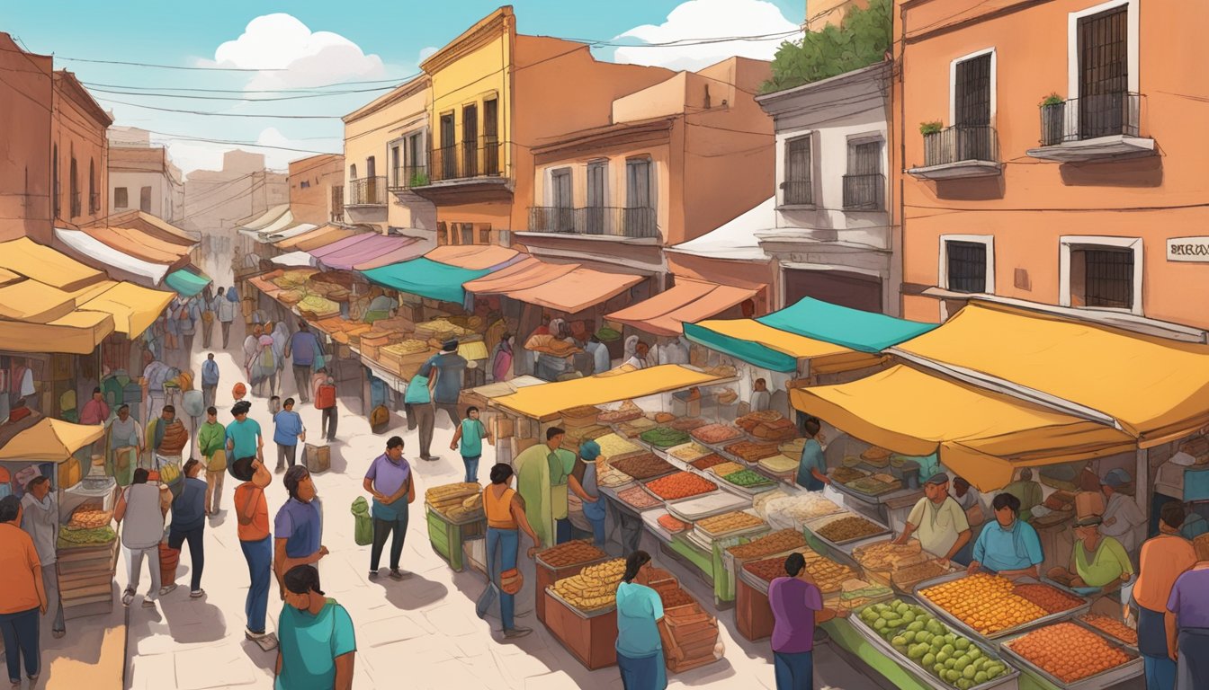 A bustling street market in Zacatecas, filled with savory aromas and vibrant colors, with vendors serving up the best tacos in the city