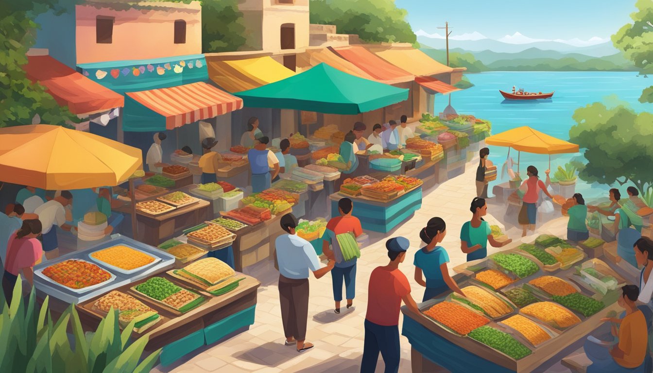 A colorful street market with vendors selling various types of tacos, surrounded by lush greenery and the serene waters of Mexico's lake regions