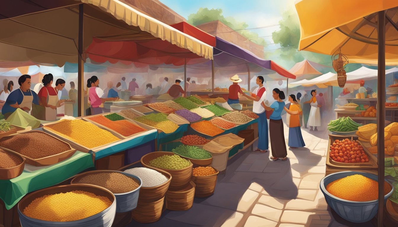 Vibrant market stalls showcase a variety of traditional Mexican ingredients and spices, while the aroma of sizzling meats and freshly made tortillas fills the air