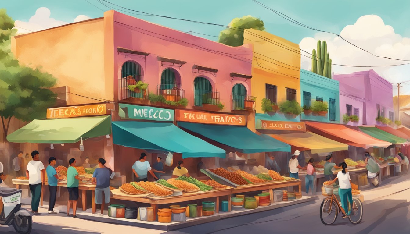 A colorful street market with vendors selling delicious tacos in the bustling lake region of Mexico