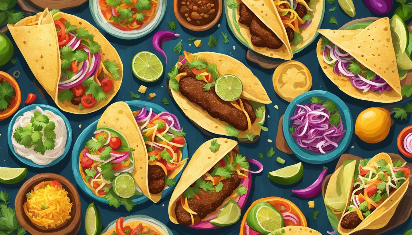 A colorful array of tacos arranged on a rustic table, surrounded by vibrant ingredients and traditional Mexican decor