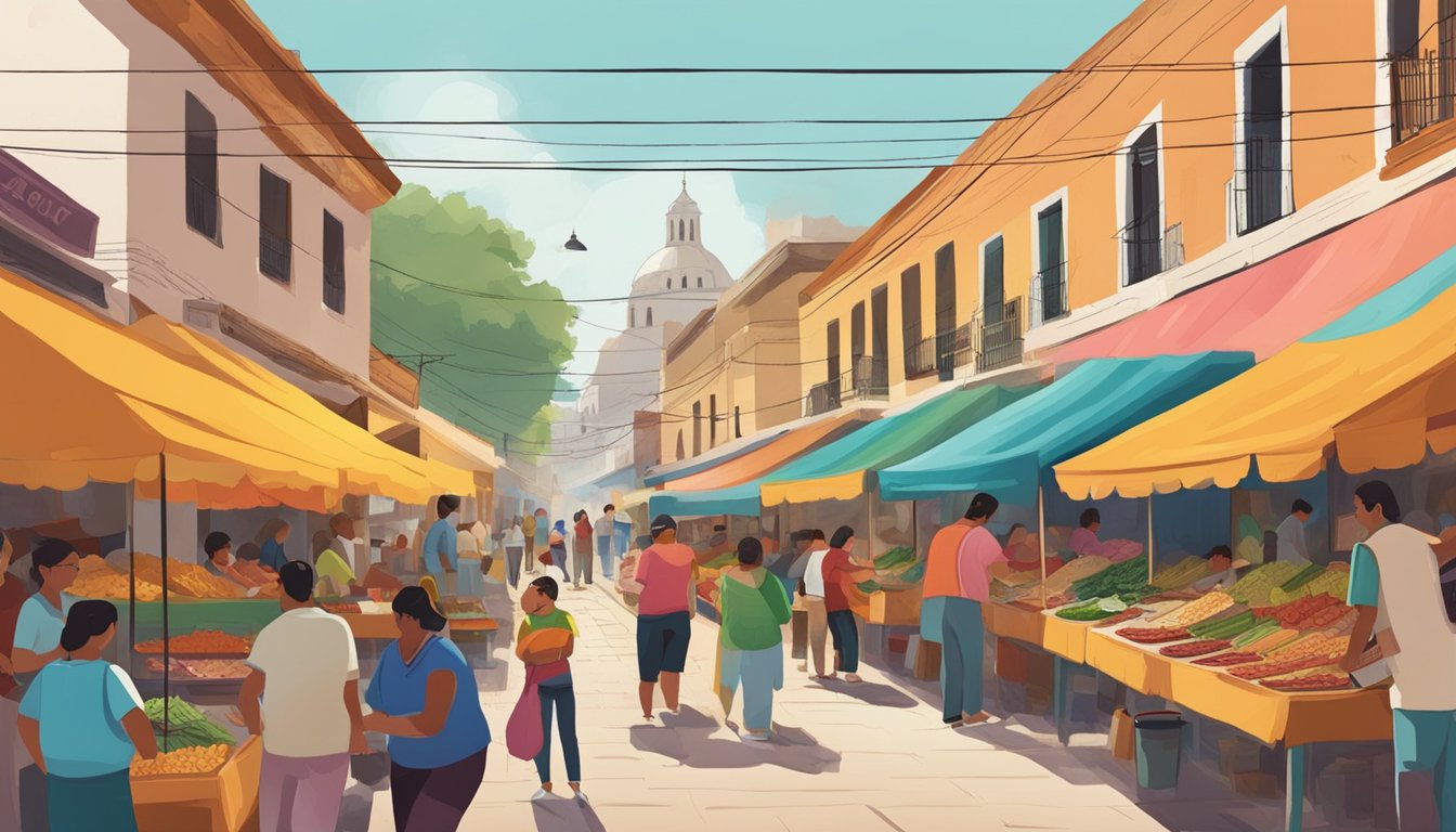 A bustling street market in Mexico's lake region, with colorful food stalls and locals enjoying authentic tacos