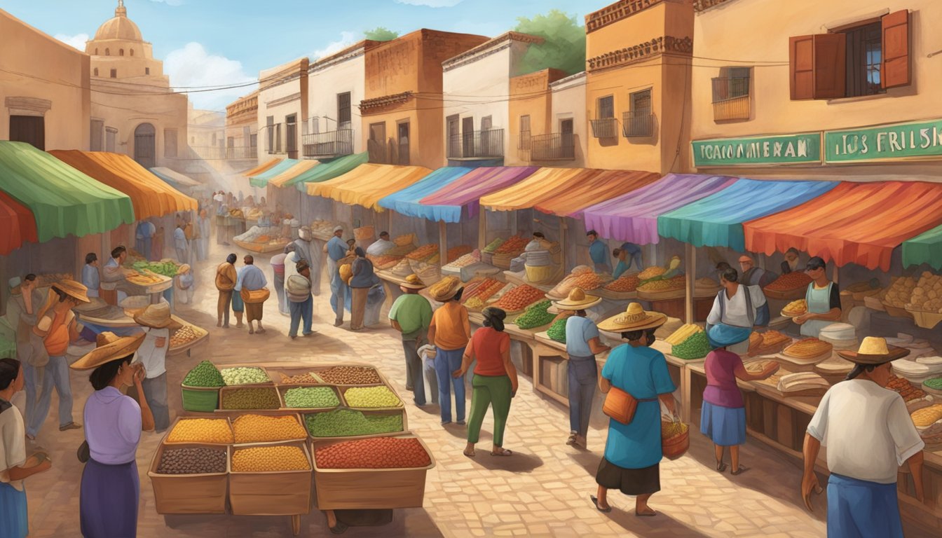 A bustling Mexican pueblo market, with vendors selling a variety of taco ingredients from around the world