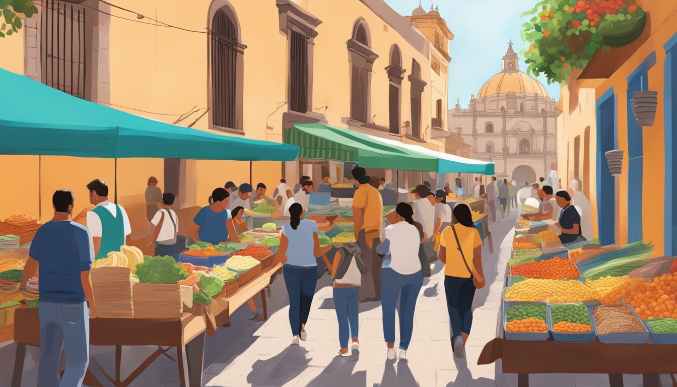 A bustling street market in Querétaro, with colorful food stalls and people enjoying authentic tacos amidst the historic architecture of Mexico's revolutionary city