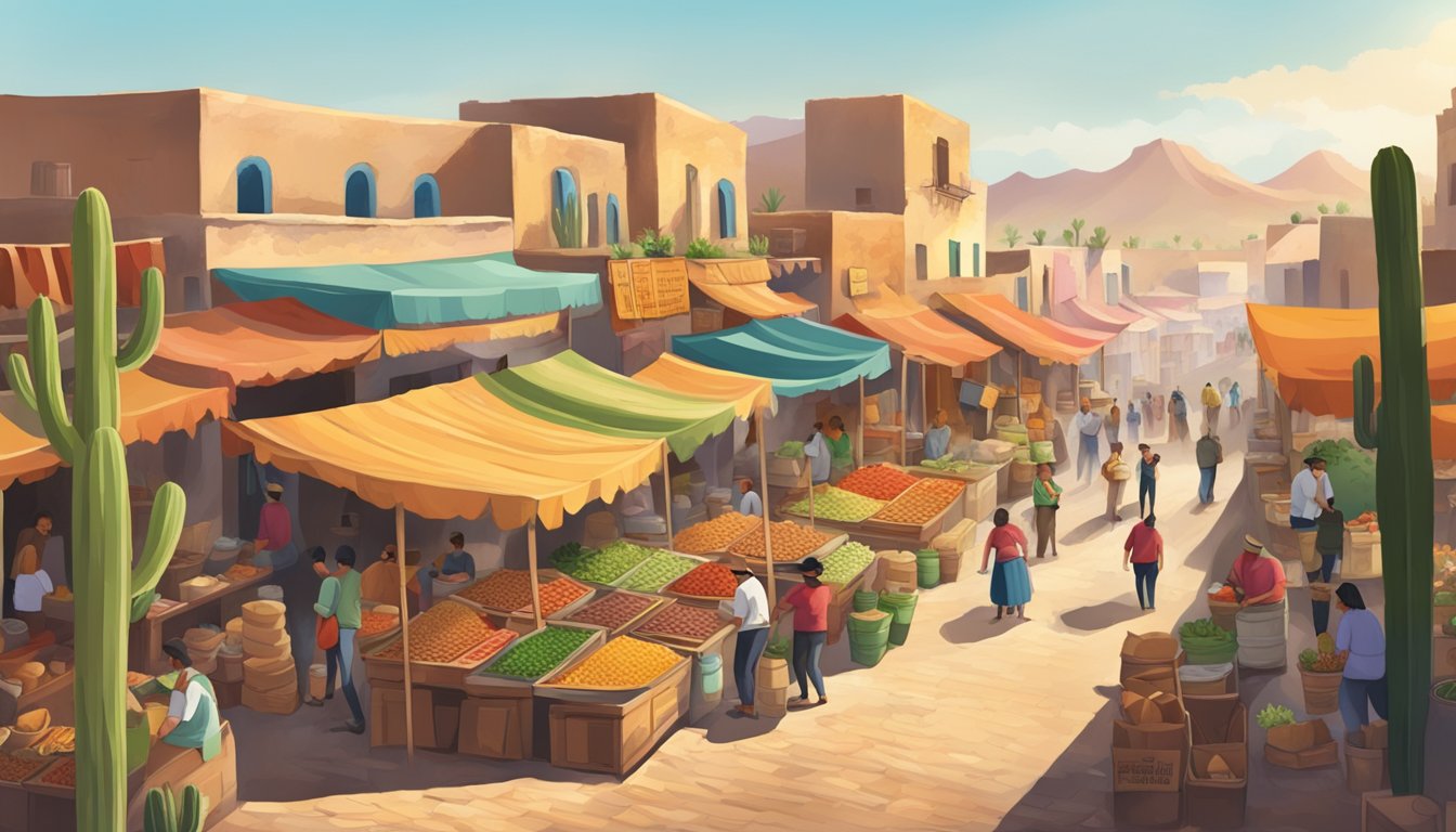 A bustling marketplace with colorful stalls selling traditional taco ingredients, surrounded by adobe buildings and cacti in a Mexican pueblo