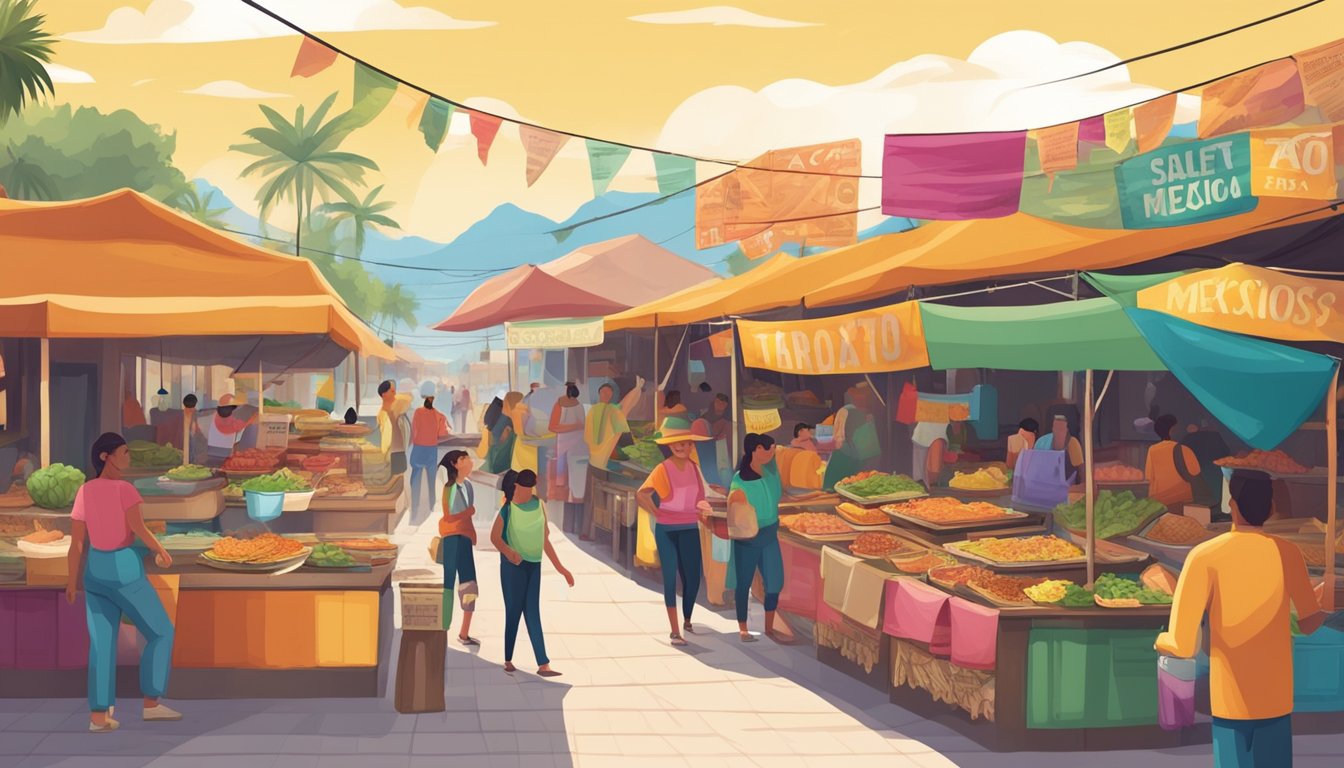 A colorful street market with vendors selling tacos and signs with safety and travel tips for Mexico's lake regions