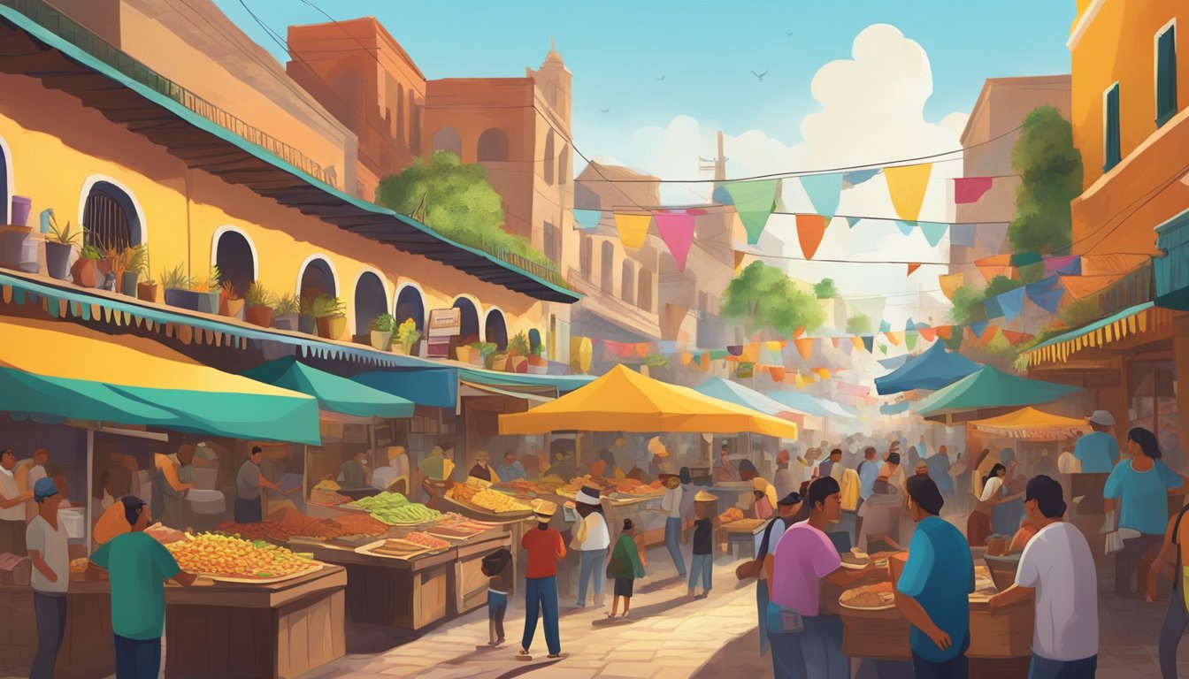 A bustling street market in a Mexican revolutionary city, filled with vendors selling the best tacos, surrounded by colorful buildings and lively music