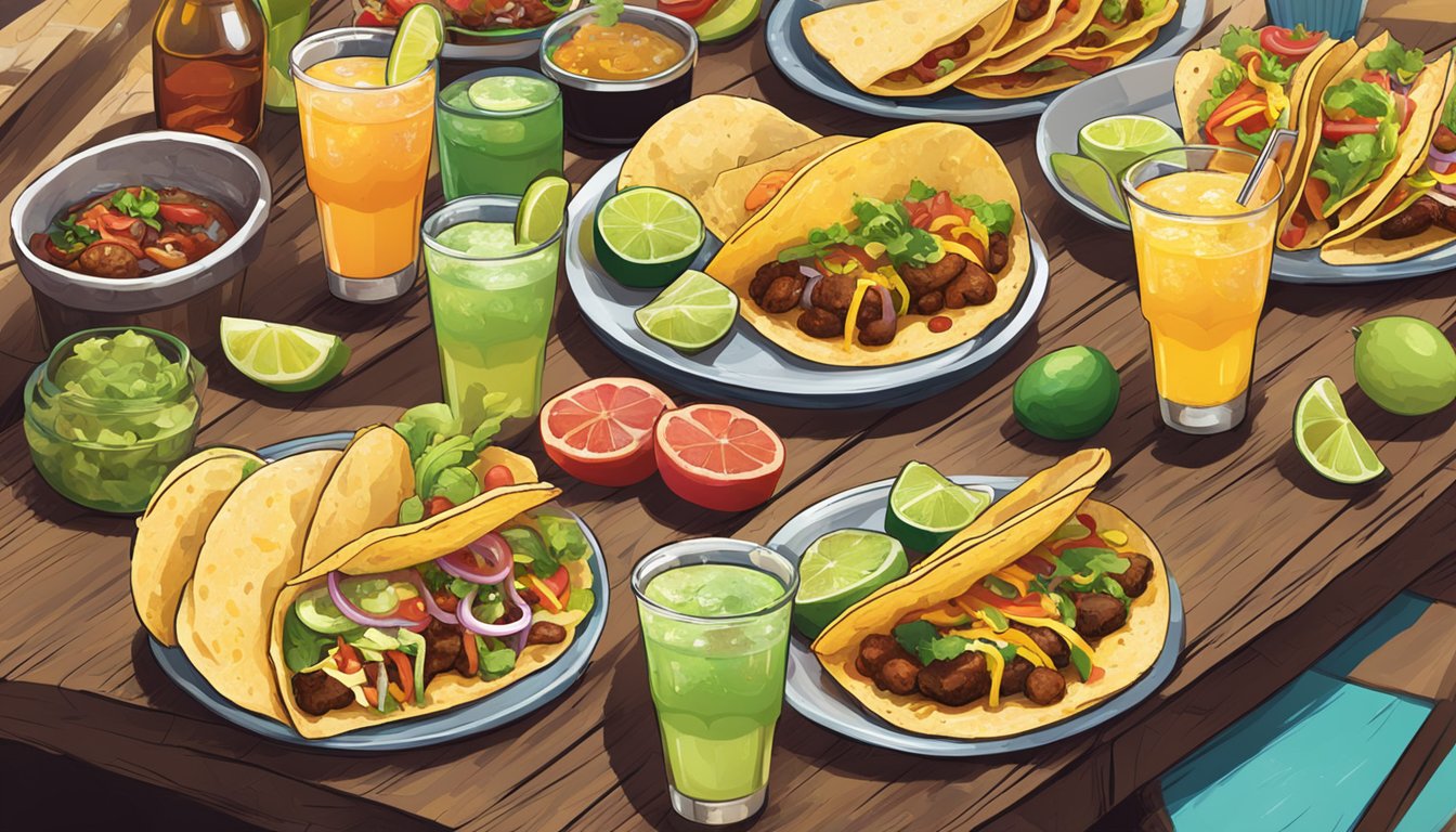 A colorful spread of tacos and various drinks on a rustic table in a bustling Mexican plaza