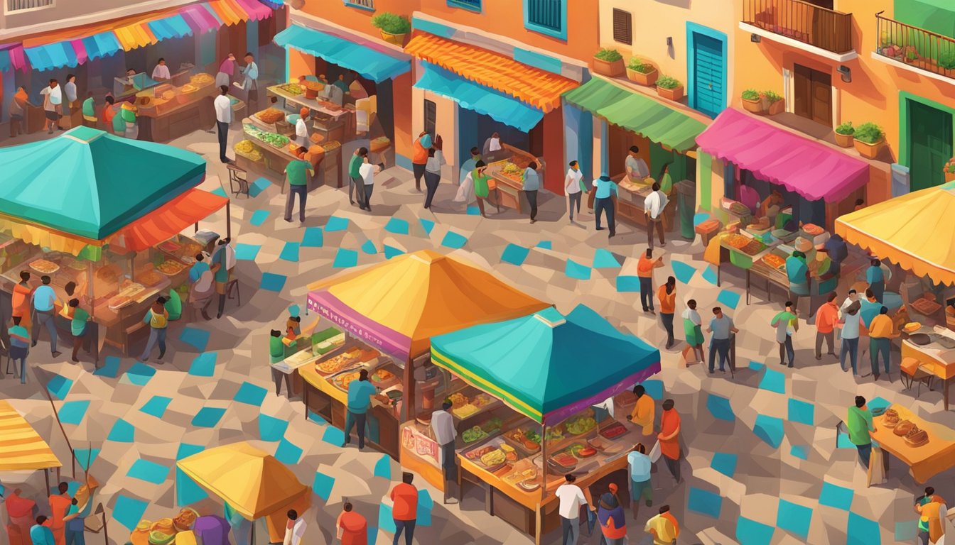 A bustling Mexican mariachi square with colorful food stalls and people enjoying delicious tacos