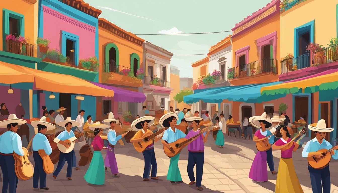 A lively mariachi band plays in a bustling Mexican town square filled with colorful stalls selling delicious tacos