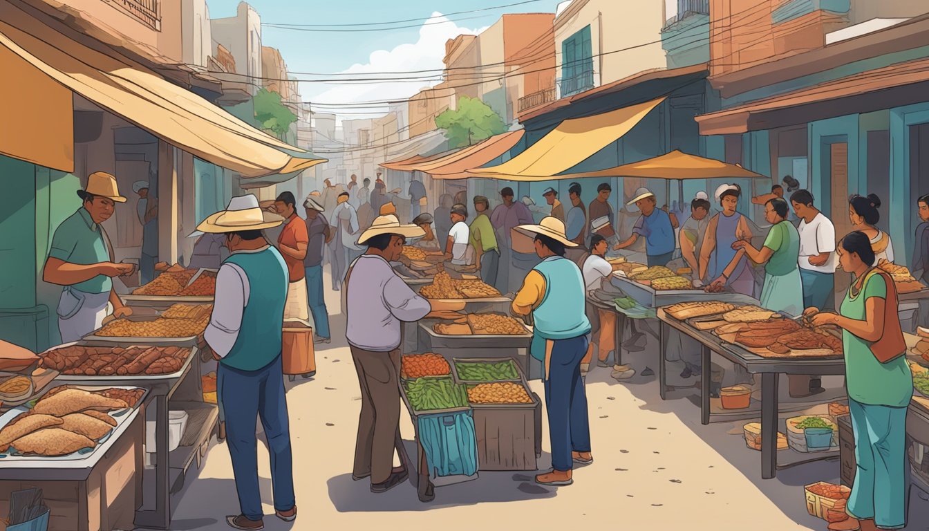 A bustling street market in Mexico's Silver Cities, with vendors grilling meat and assembling tacos while customers line up eagerly