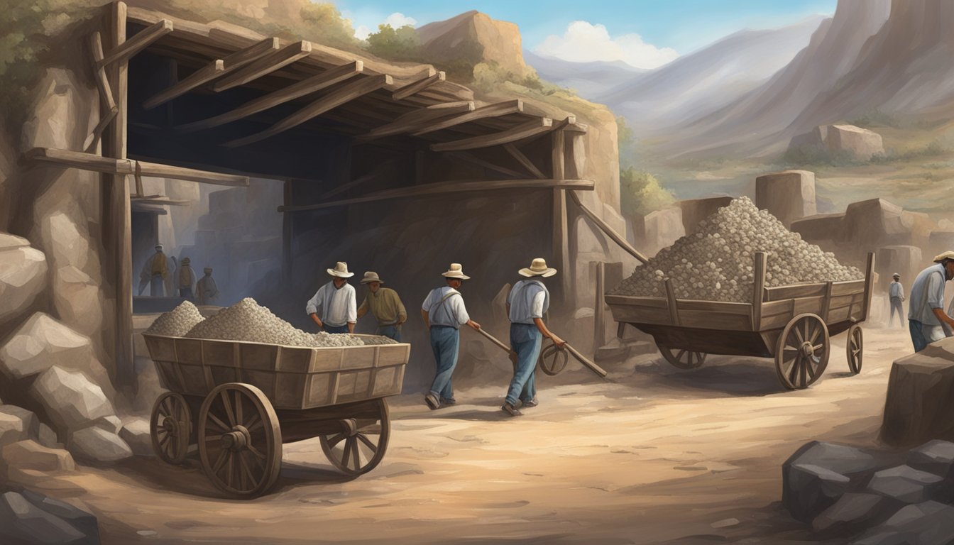 A rustic Mexican mine entrance with carts full of silver ore and workers in the background