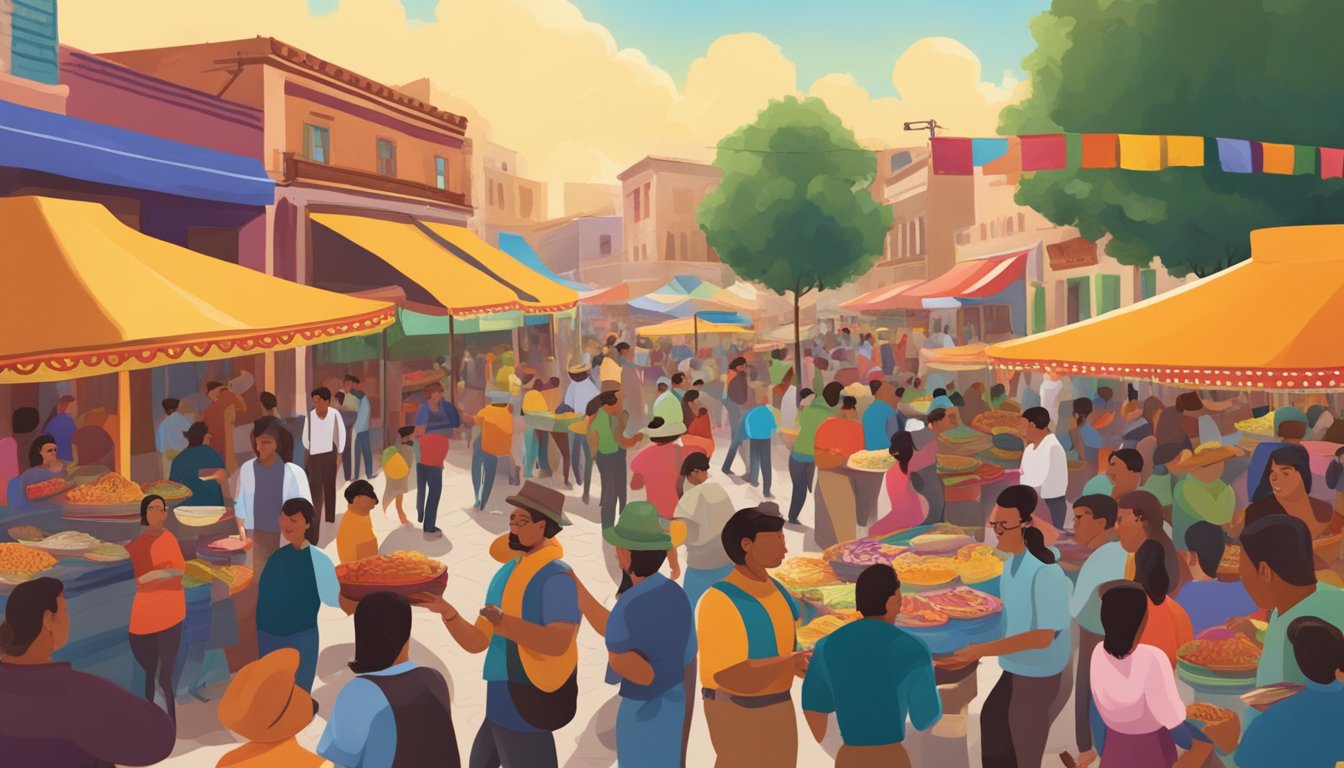 A bustling mariachi square filled with colorful taco vendors and lively music