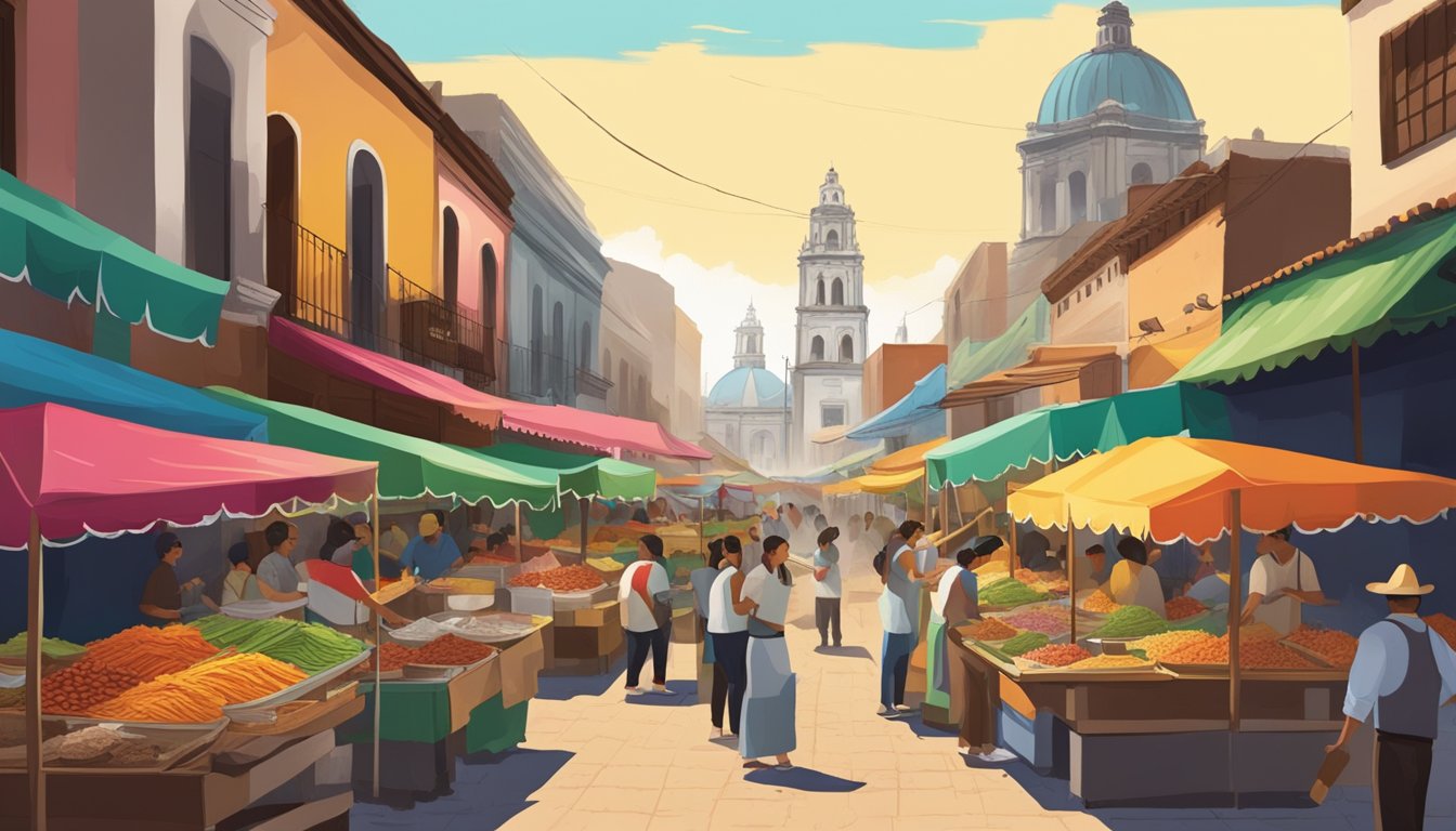 A bustling market with colorful stalls selling various taco fillings, surrounded by historic buildings in Mexico's silver cities