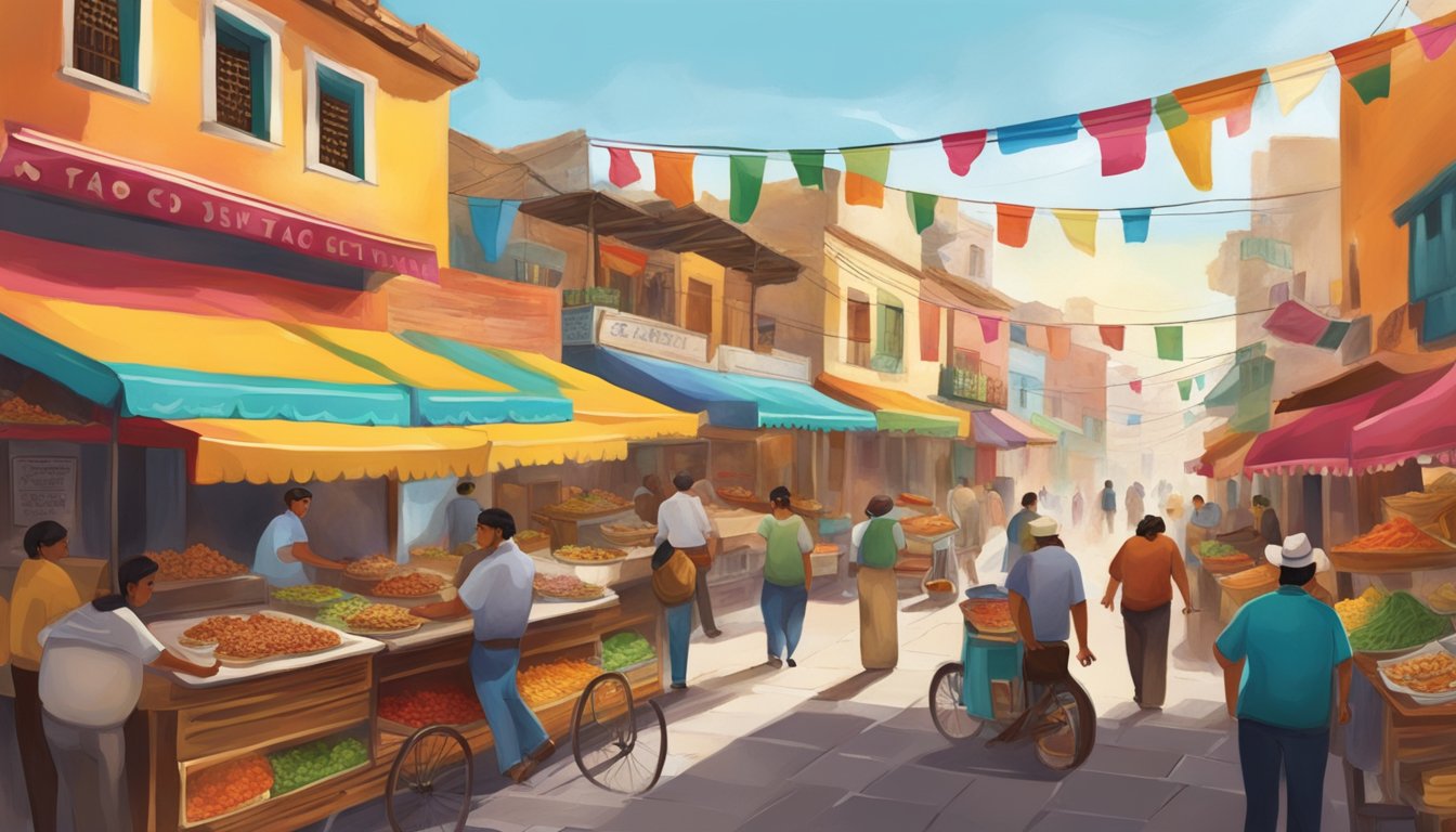 A bustling street in a Mexican silver town, with vendors selling flavorful tacos from their colorful food carts. The aroma of sizzling meat and spices fills the air