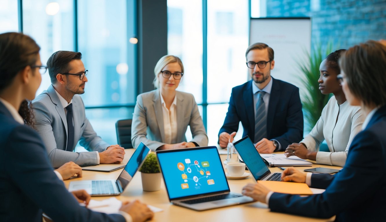 A group of diverse people come together in a virtual meeting space, with a clear and calm mediator guiding the discussion