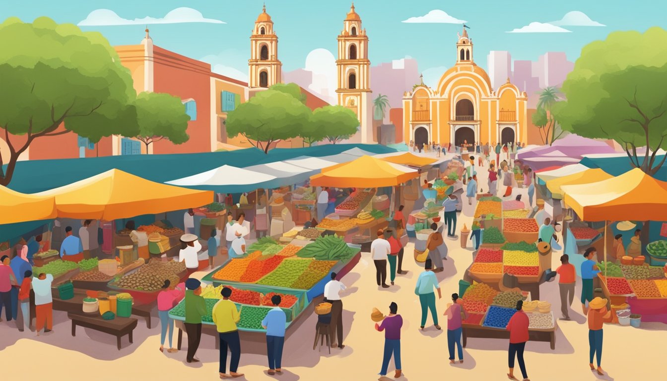 Vibrant market stall with fresh local produce and colorful spices, surrounded by lively mariachi bands in a bustling Mexican square