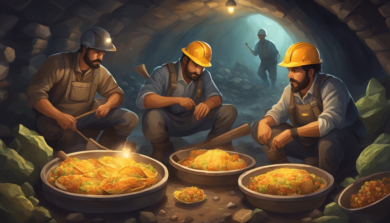 Miners enjoying a variety of tacos in a dimly lit underground tunnel, with pickaxes and ore carts in the background