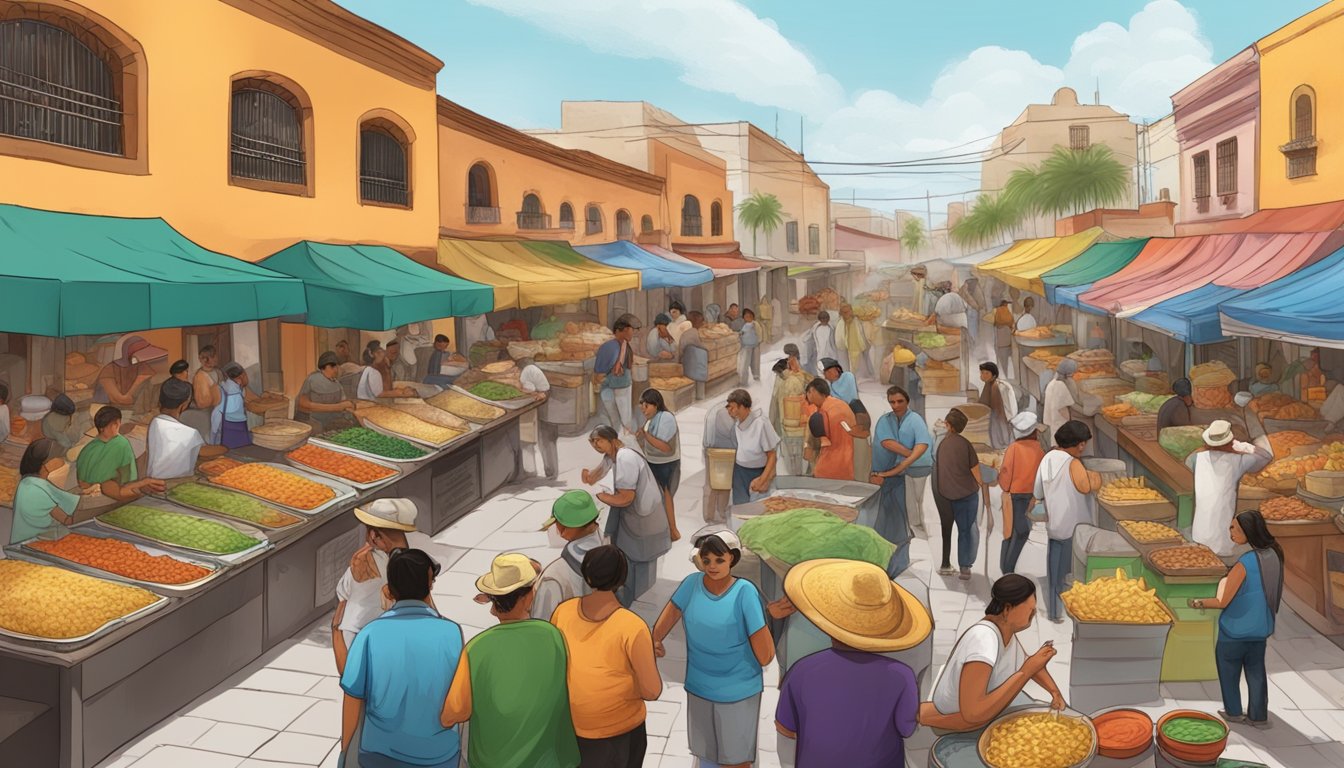 A bustling street market in a Mexican silver city, with colorful taco vendors and lively crowds enjoying the best taco cuisine