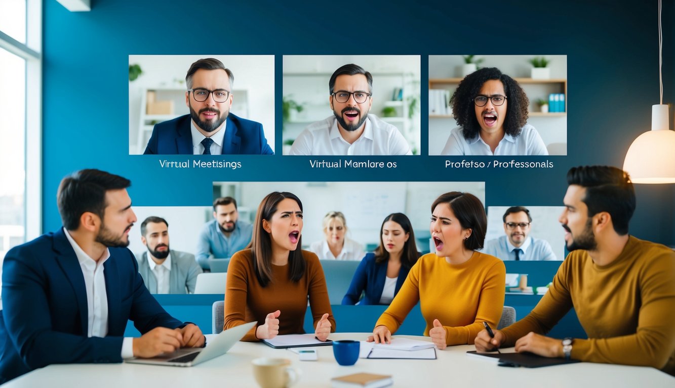 A virtual meeting with team members in different locations, showing expressions of frustration and disagreement