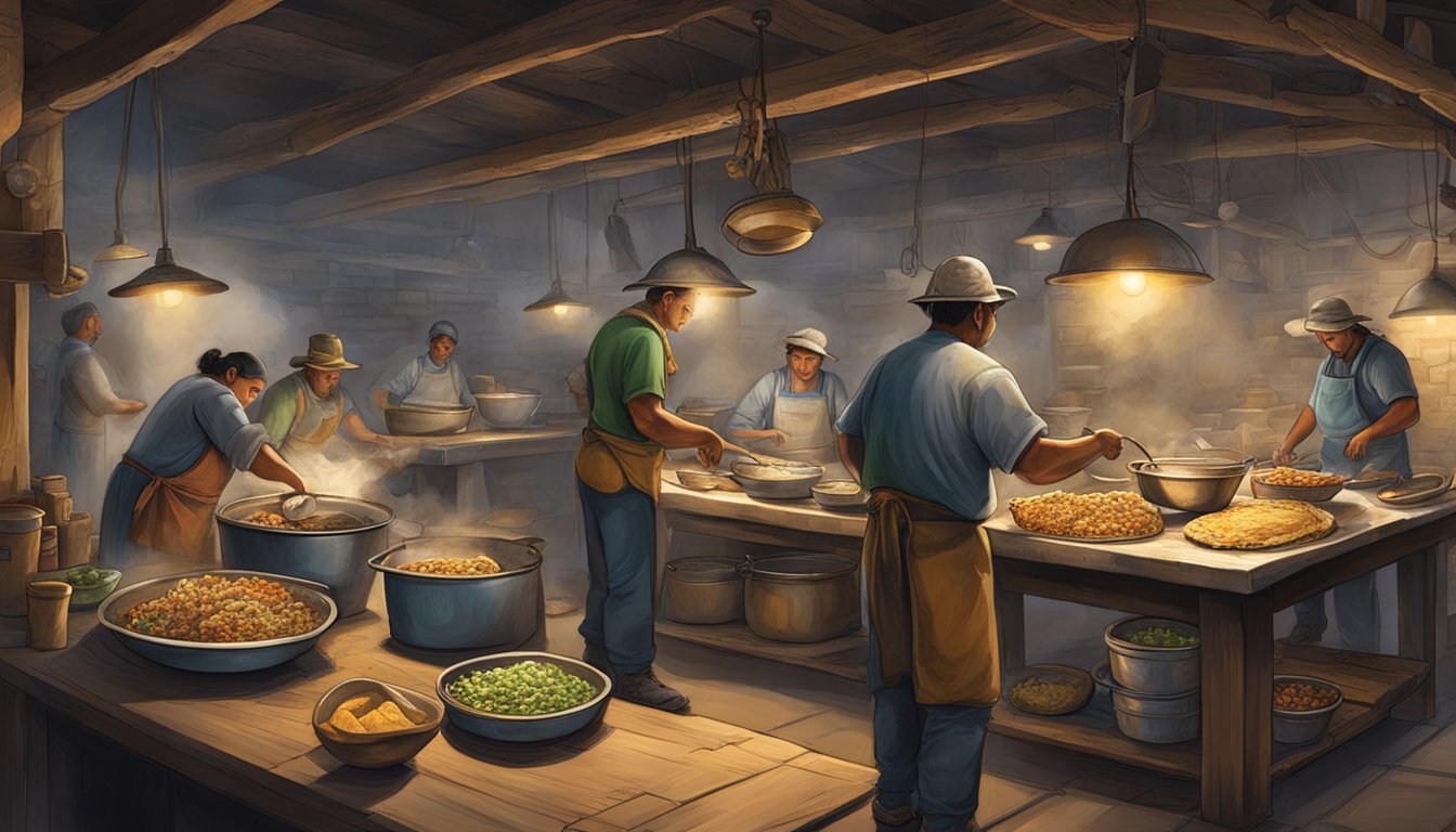 A bustling kitchen in a dimly lit silver mine, with miners preparing tacos using traditional Mexican ingredients and techniques