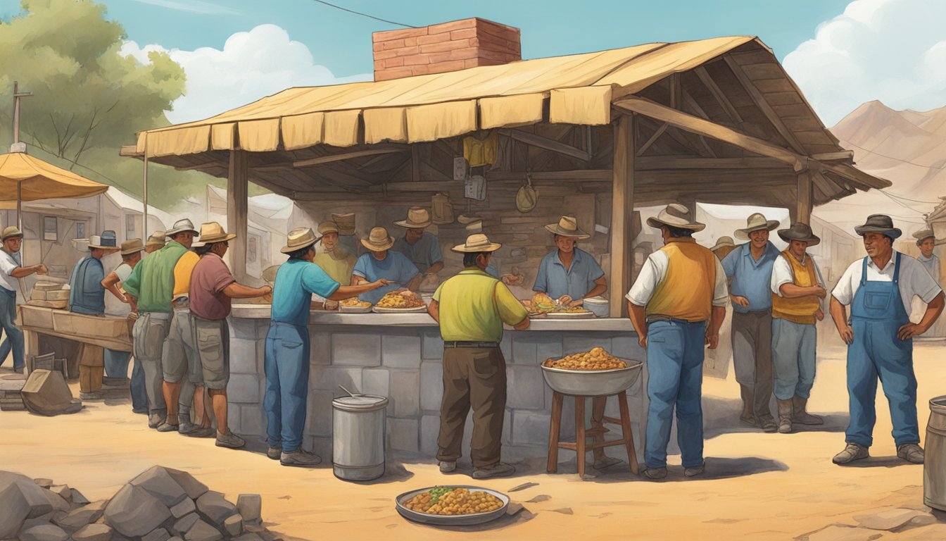 Miners gather around a makeshift taco stand in the heart of a bustling silver mining town, exchanging stories and laughter as they savor the cultural significance of the beloved Mexican dish