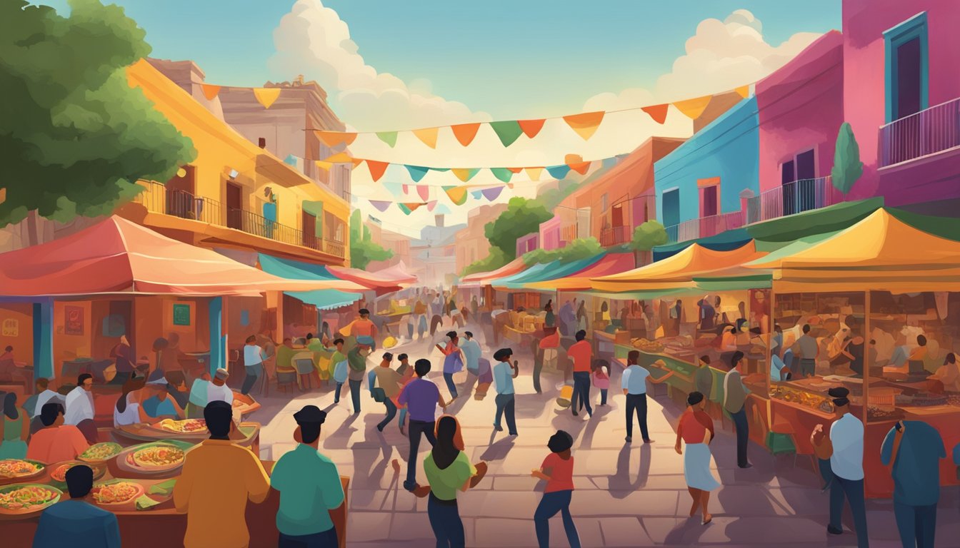 A bustling mariachi square with colorful taco stalls, surrounded by vibrant murals and lively music