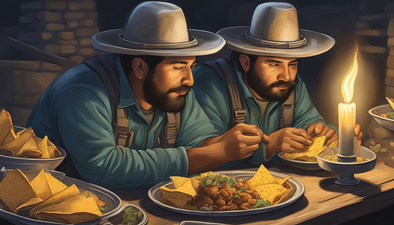 Miners in sombreros eat tacos by candlelight in a dim, dusty silver mine