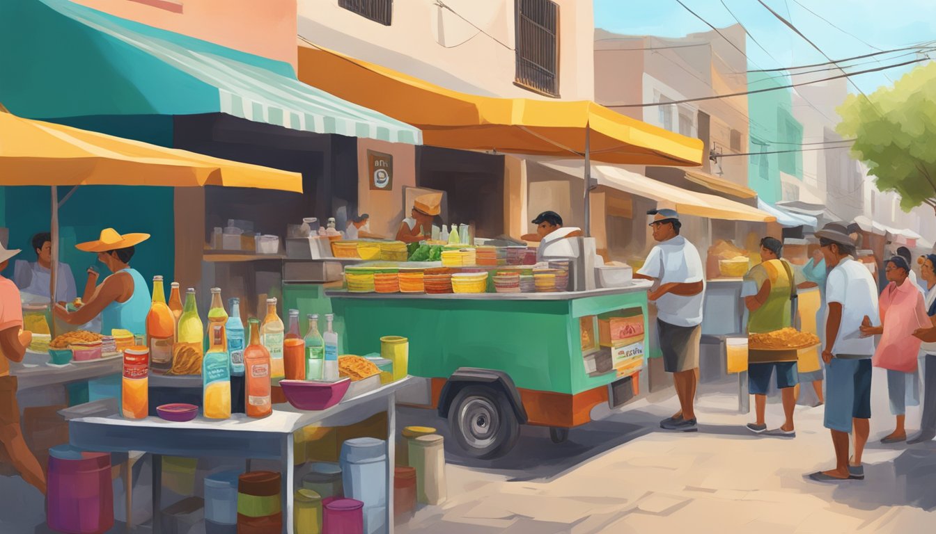 A street vendor serves up tacos alongside colorful local beverages in the bustling market of Mexico's silver cities