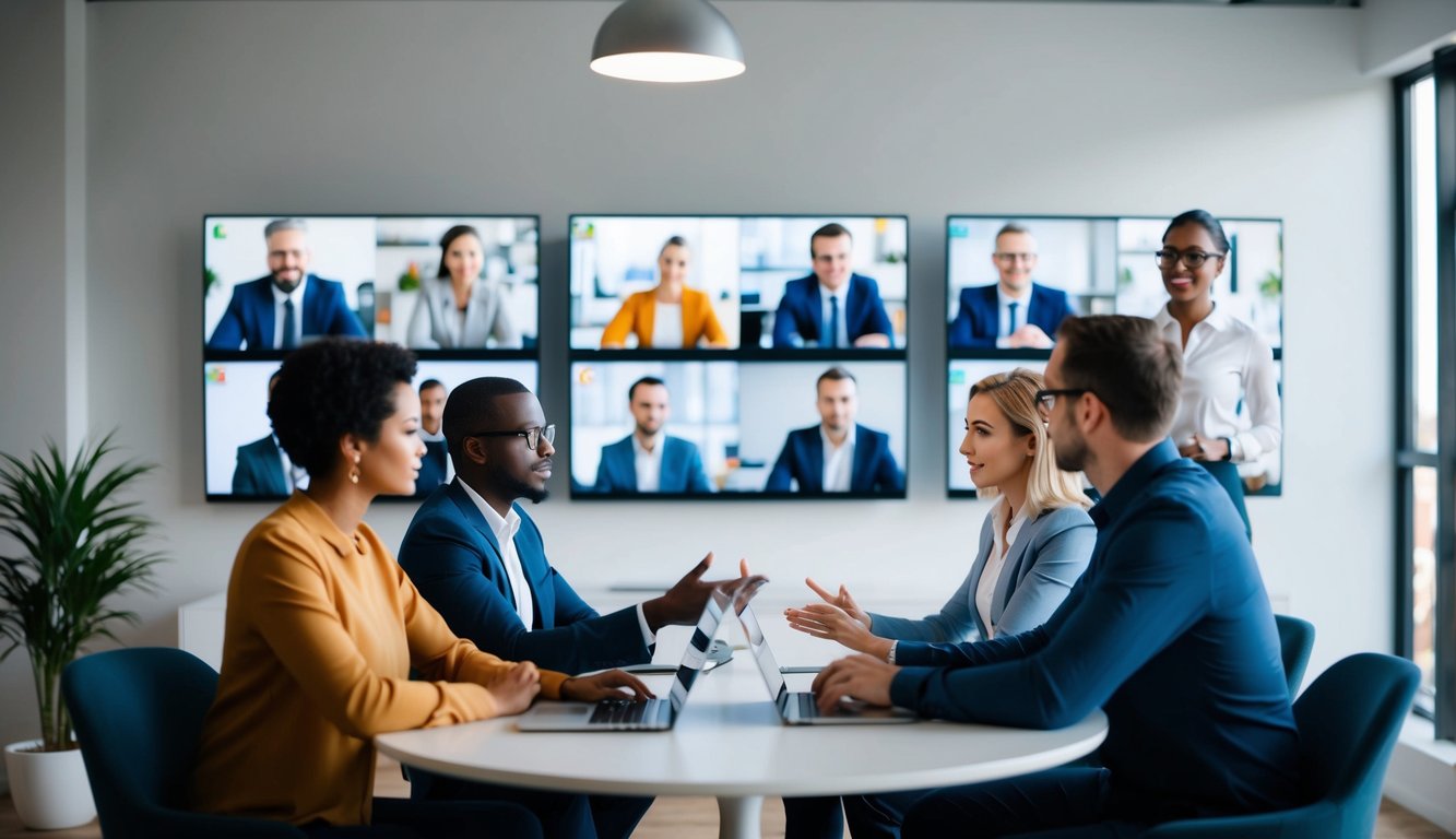 A virtual meeting with team members in different locations resolving conflict through open communication and active listening