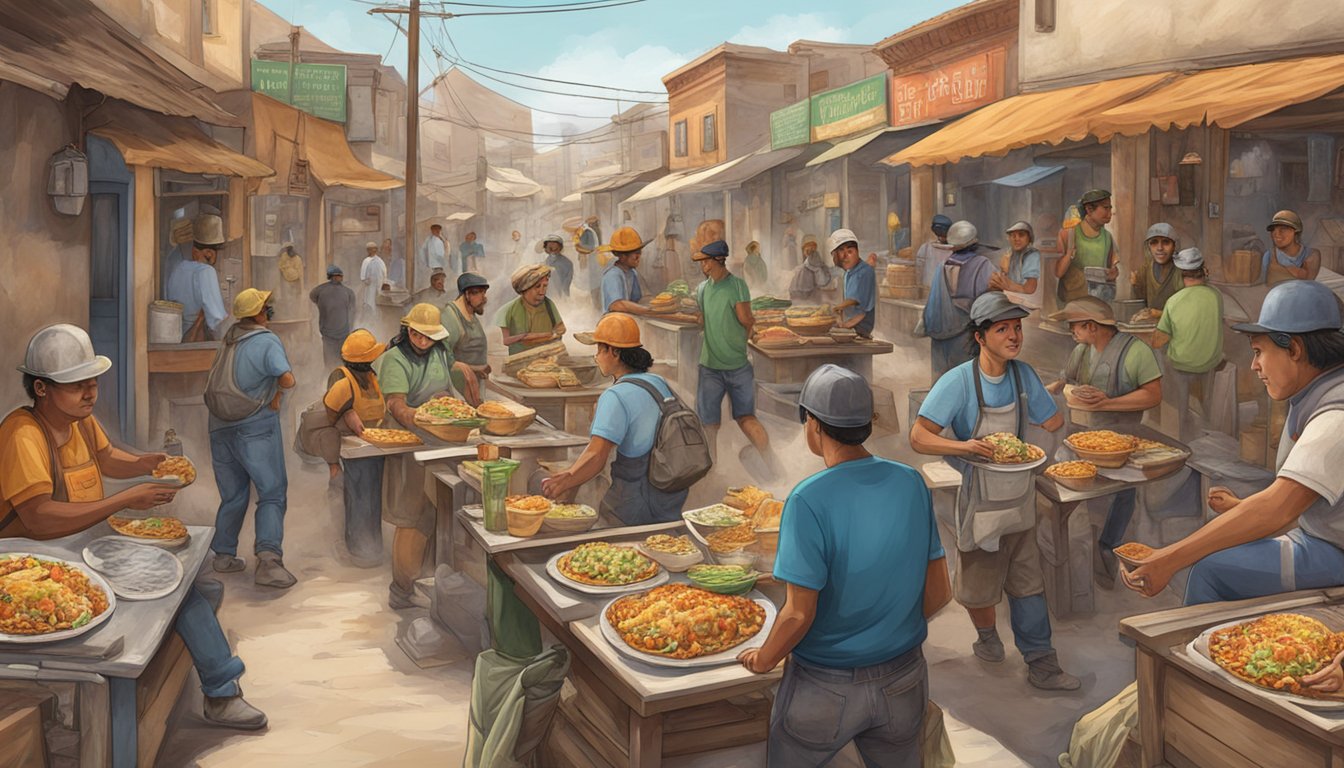 Miners in a bustling silver mine town, enjoying a variety of tacos from street vendors, each with their own unique regional flavors and ingredients