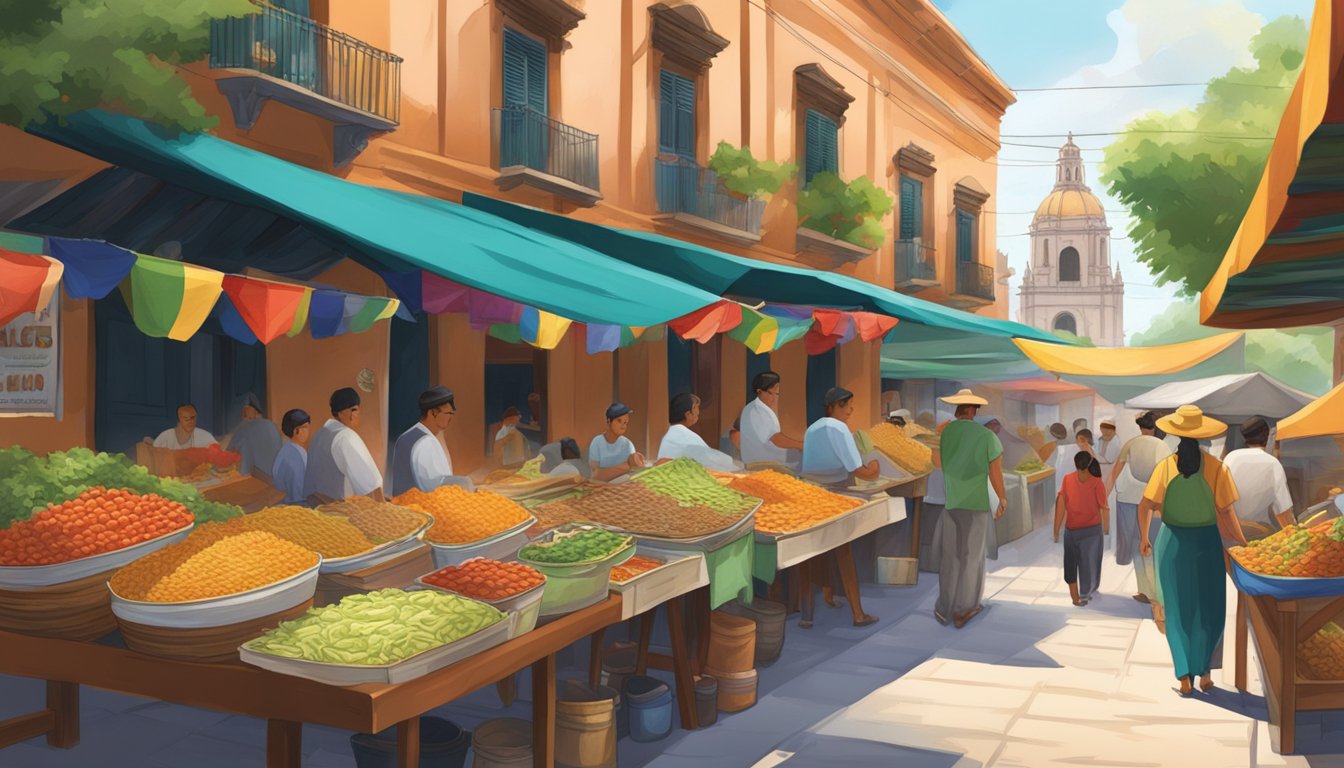 A bustling street market with colorful taco stalls, surrounded by colonial architecture and greenery in Mexico's silver cities