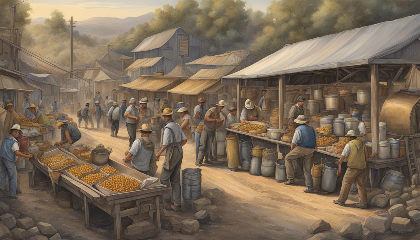 A bustling scene at a silver mine, with taco vendors serving miners during their break. The vendors' carts are surrounded by workers eager to grab a quick and satisfying meal