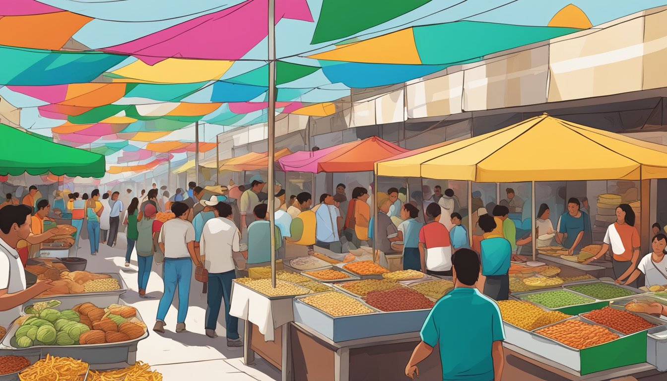 A bustling street market with colorful taco stands and bustling crowds in Mexico's Silver Cities