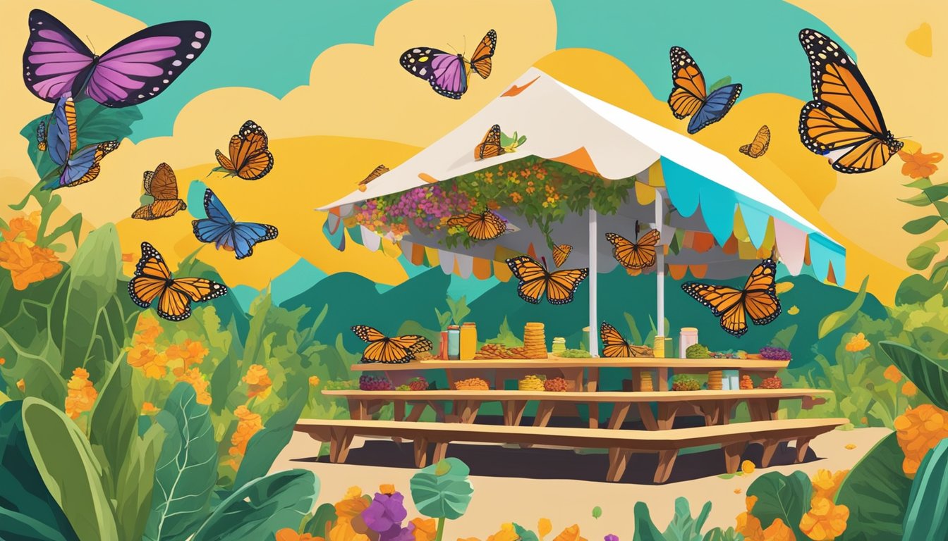 Vibrant monarch butterflies flutter around a colorful taco stand in a lush Mexican reserve, symbolizing the cultural significance of tacos in the region