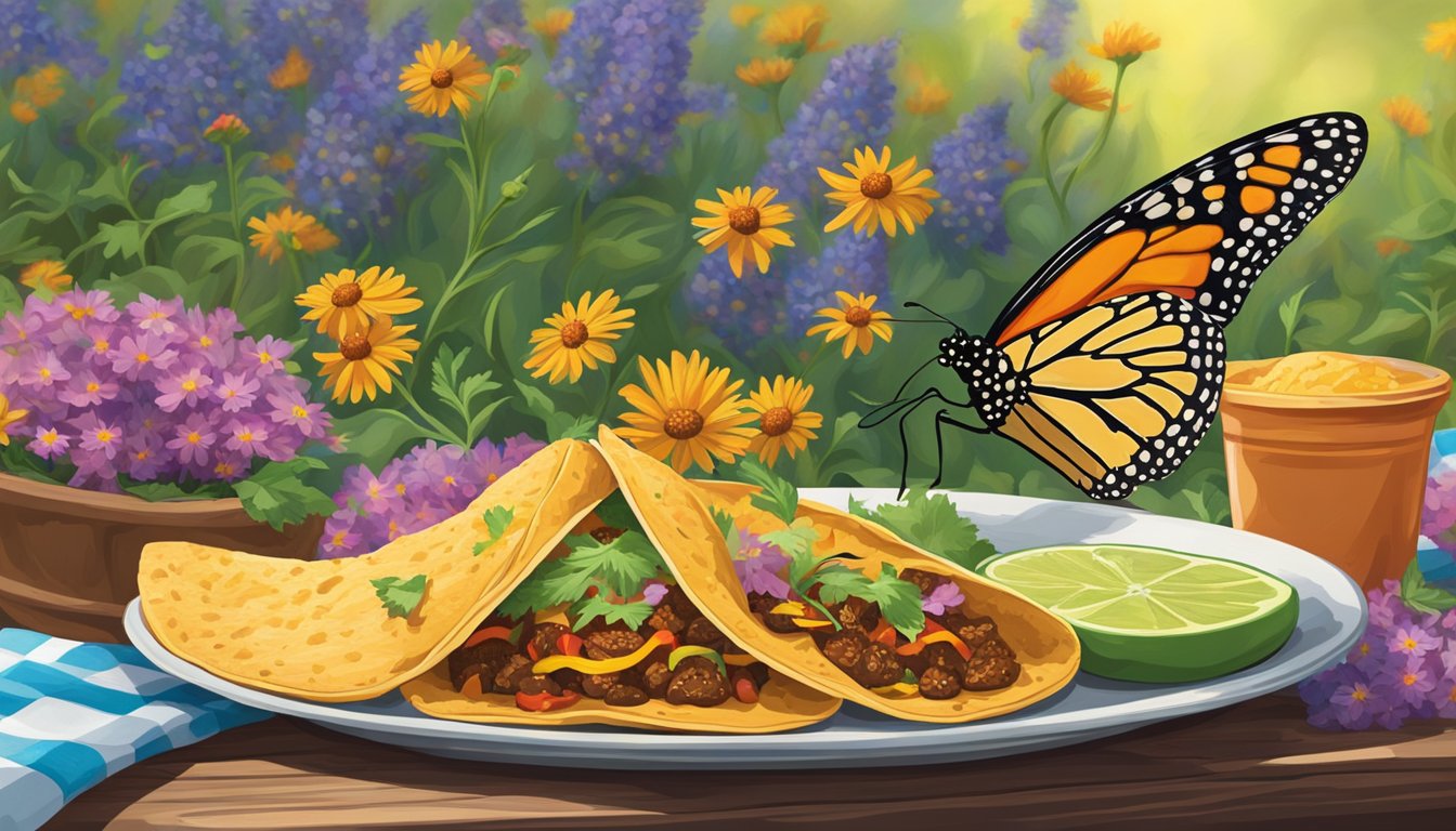 A colorful monarch butterfly flutters among vibrant wildflowers, with a plate of delicious tacos sitting on a wooden picnic table nearby