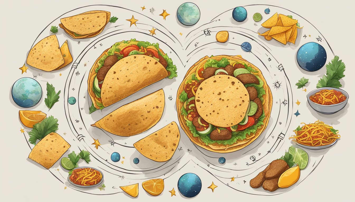 A group of tacos arranged in a circular pattern, with various astronomical symbols and constellations depicted on their surfaces