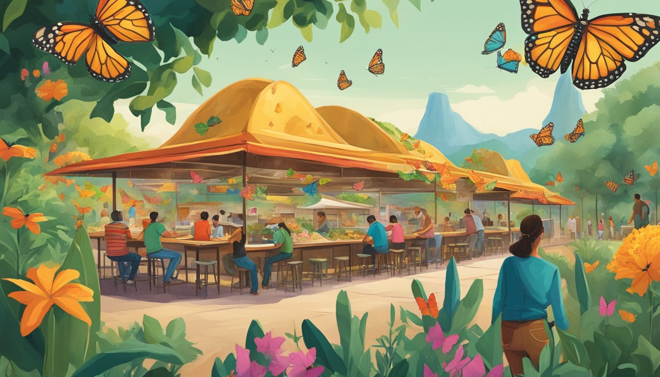 Vibrant taco stands nestled among lush monarch habitats, with colorful butterflies fluttering around as locals savor the best regional taco varieties in Mexico