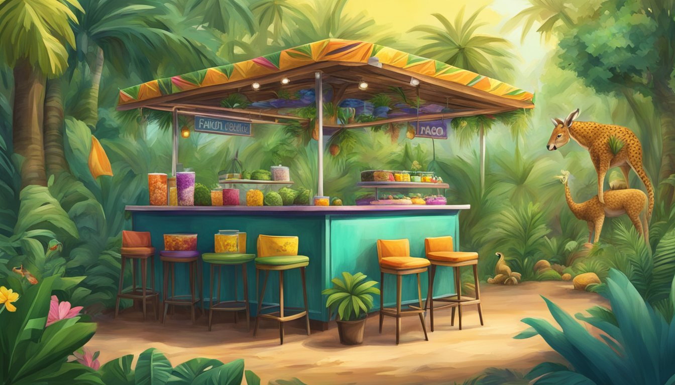 Lush jungle setting with vibrant taco stand, surrounded by exotic trees and colorful wildlife