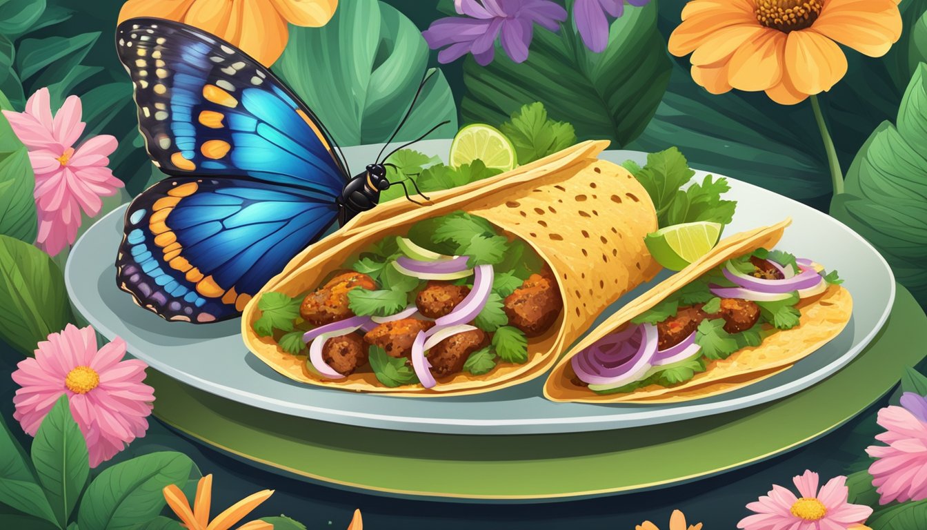 A colorful butterfly perched on a blooming flower, surrounded by lush greenery and a plate of delicious tacos