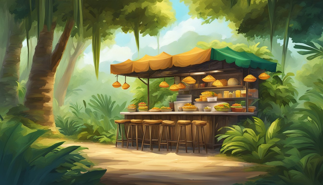 A rustic taco stand nestled among lush green foliage in a vibrant tropical jungle, with the aroma of sizzling meats and fresh tortillas filling the air