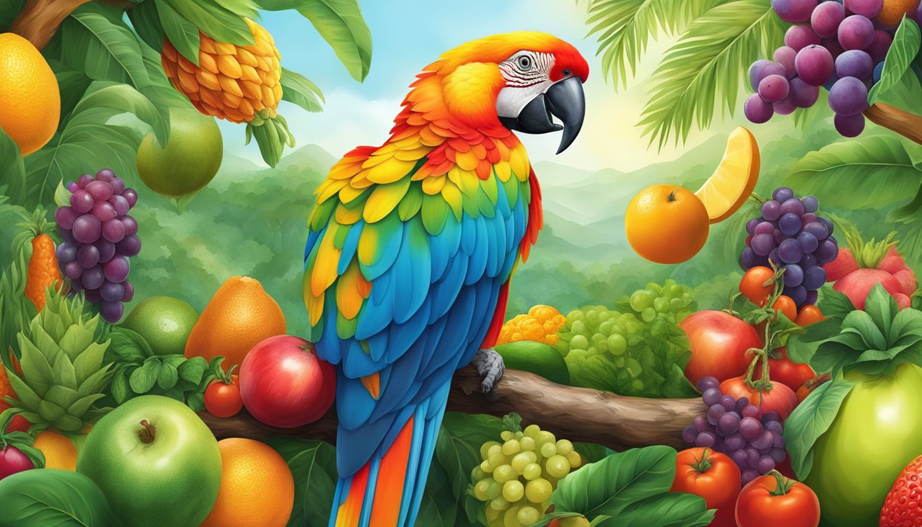 A colorful parrot perched on a lush green tree branch, with a vibrant array of tropical fruits and vegetables scattered around, and a tantalizing aroma of sizzling meat filling the air