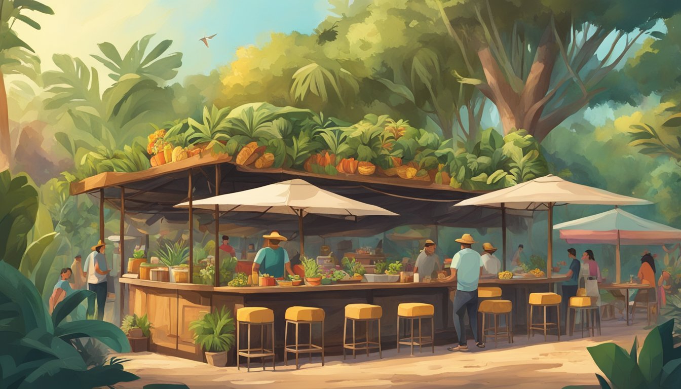 Lush jungle setting with a rustic taco stand surrounded by vibrant flora and fauna, as locals gather to enjoy traditional tacos